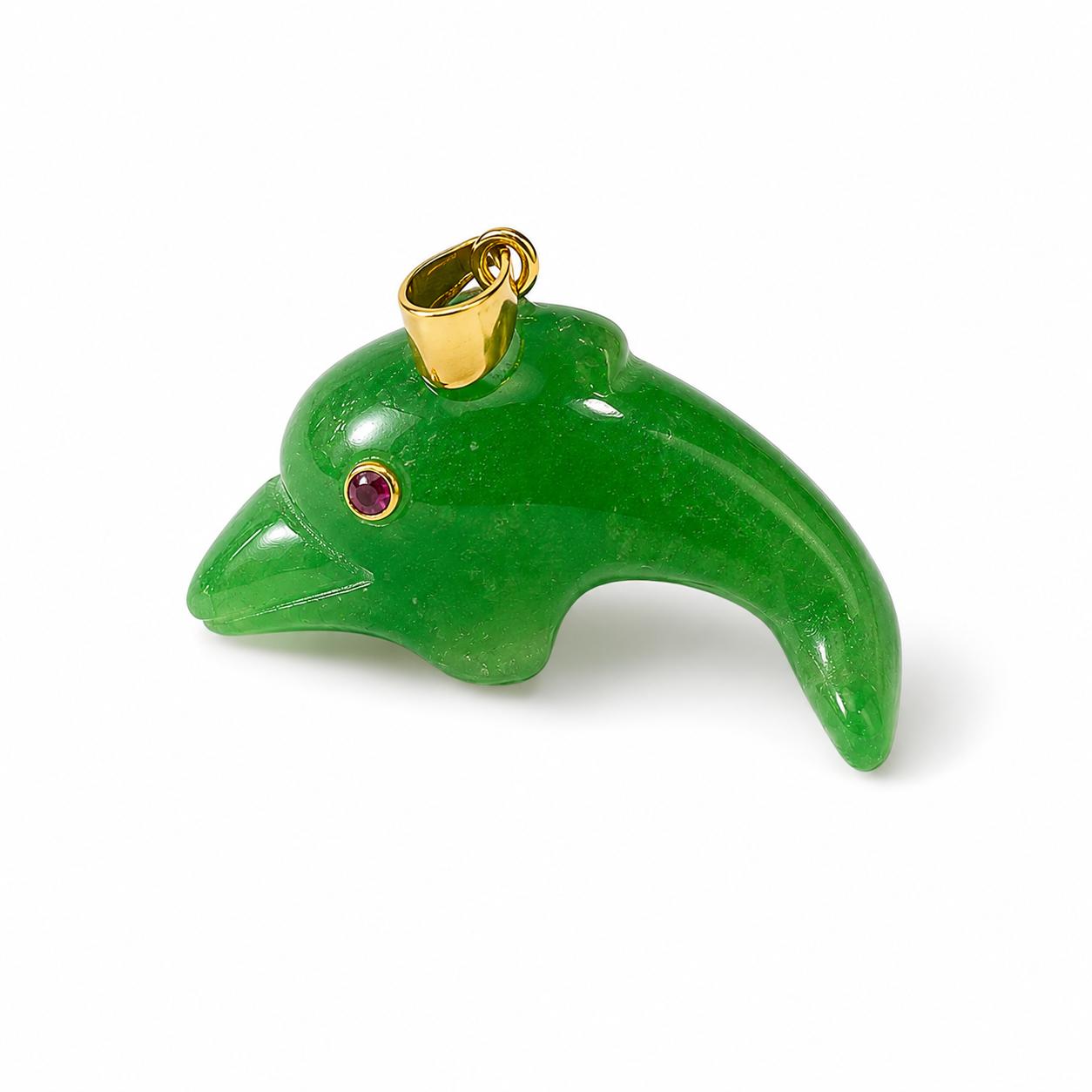 Green Dolphin Pendant | Gold Bail Ruby Eye Charm