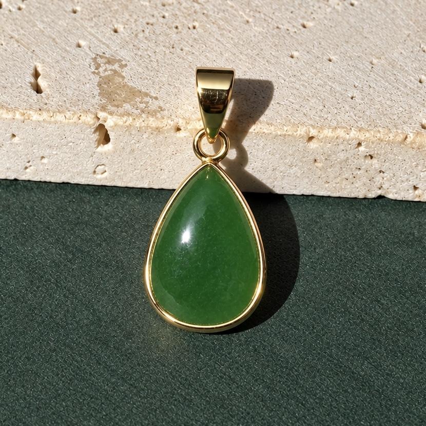 14K Real  Solid Gold Pear Shape Jade Pendant, Bezel Set Charm 21X10MM