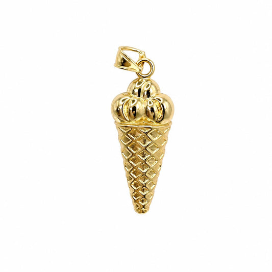 10K Yellow Gold Ice Cream Cone Charm Pendant – Puffy Dessert Sweet Treat 22x10mm