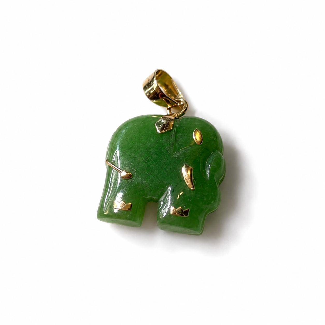 Charming 14K Real Gold Jade Elephant Pendant Necklace 18mm