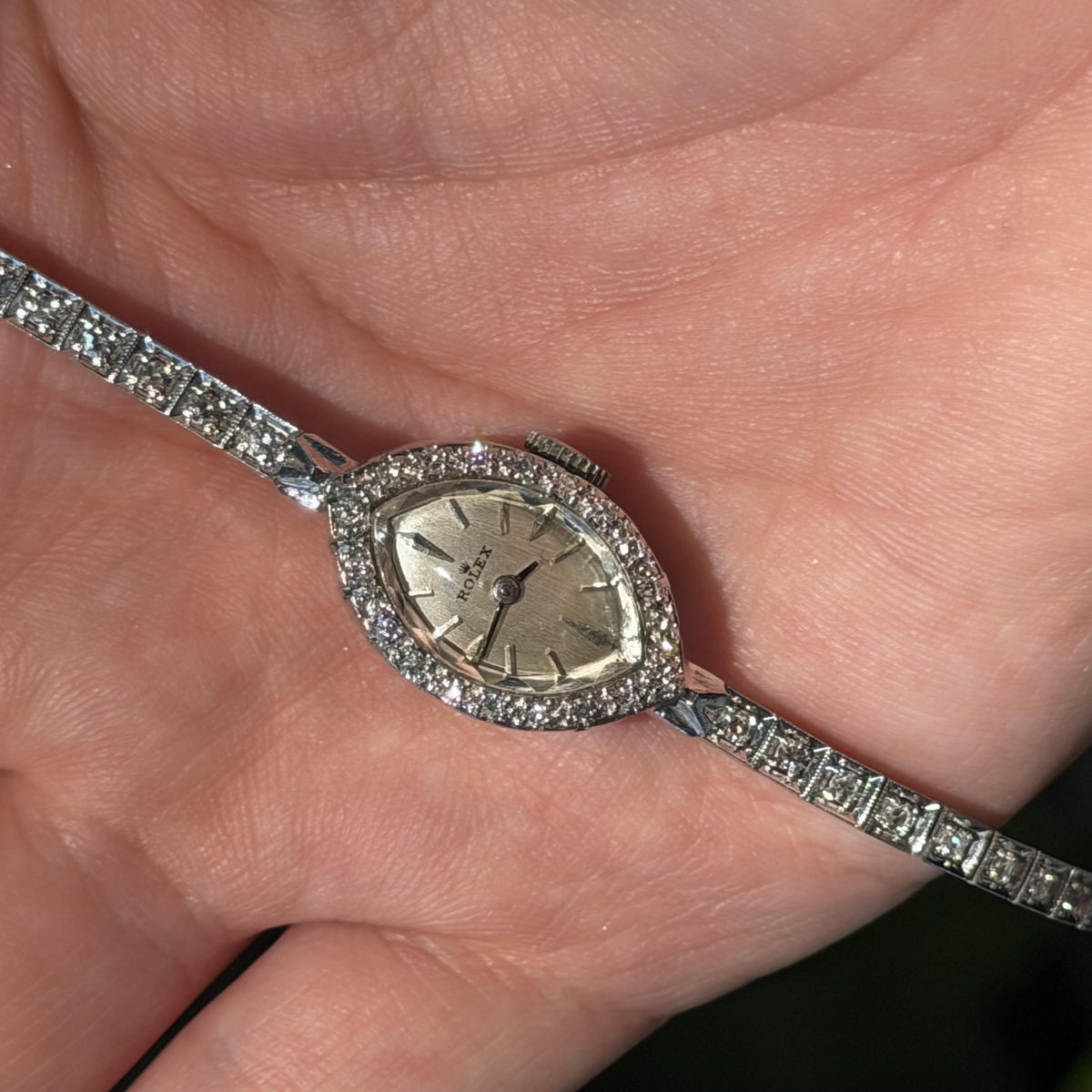 Vintage Rolex Ladies  14K Gold Natural Diamond Cocktail Watch 6.5"