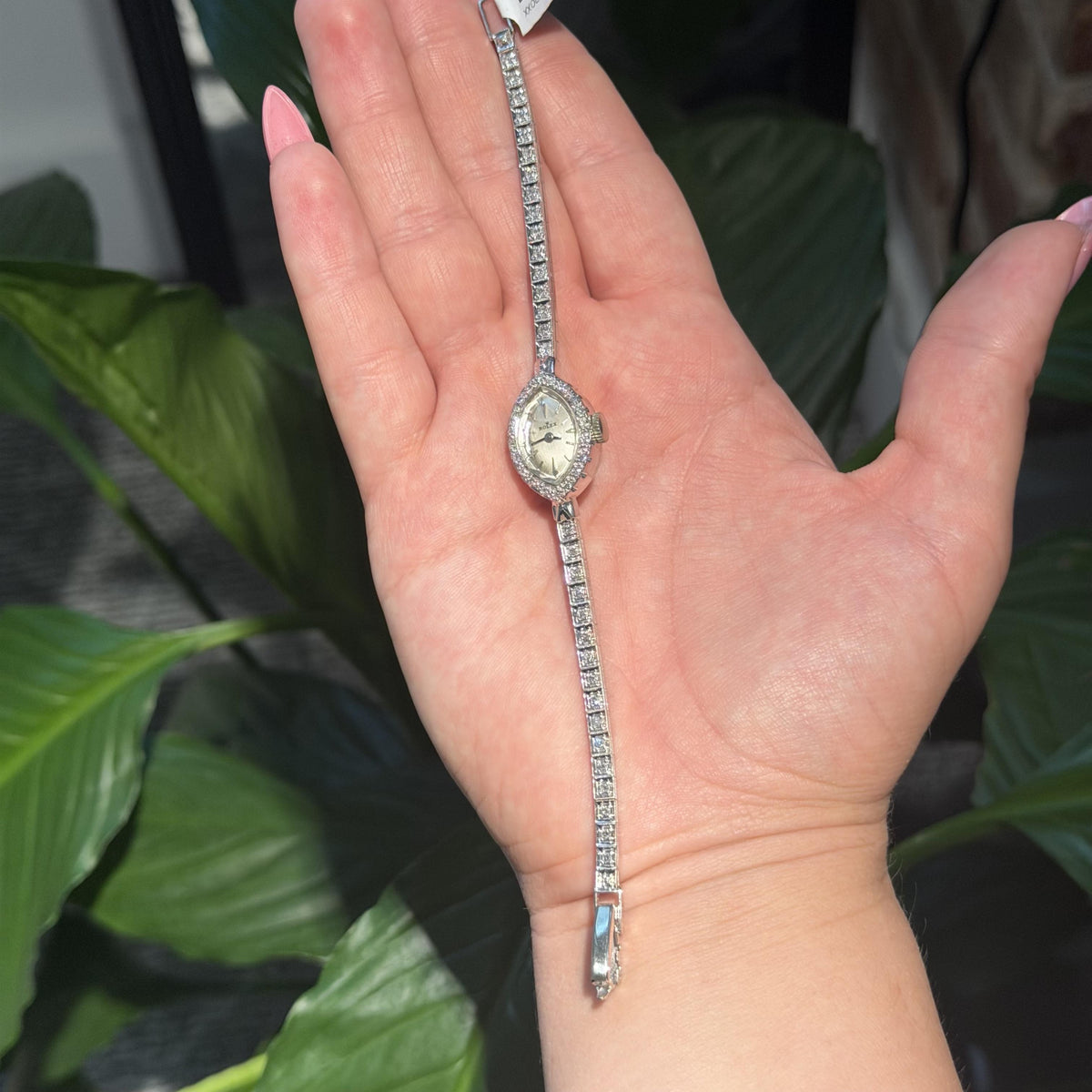 Vintage Rolex Ladies  14K Gold Natural Diamond Cocktail Watch 6.5"