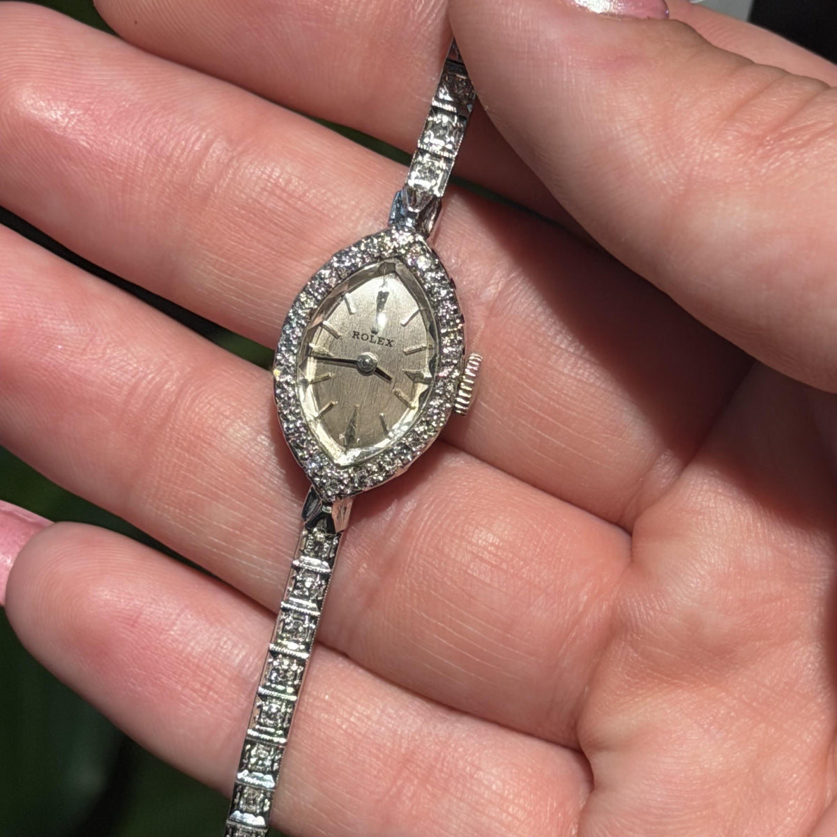 Vintage Rolex Ladies  14K Gold Natural Diamond Cocktail Watch 6.5"