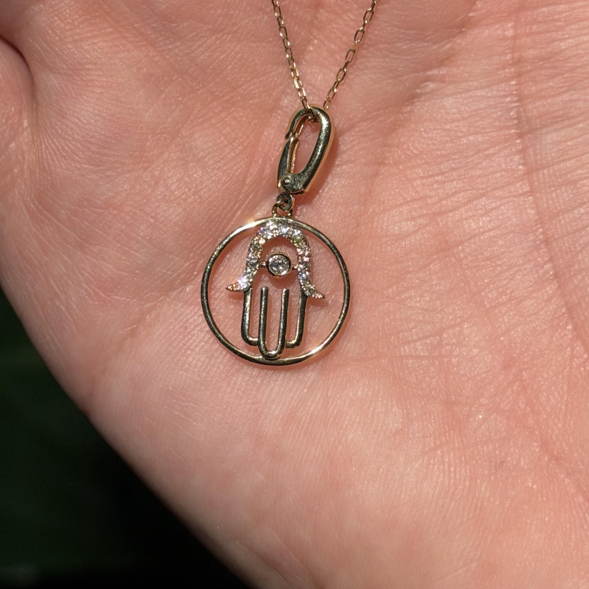 14K Solid Gold Yellow Hamsa Hand Natural Diamond Necklace 16"-18"