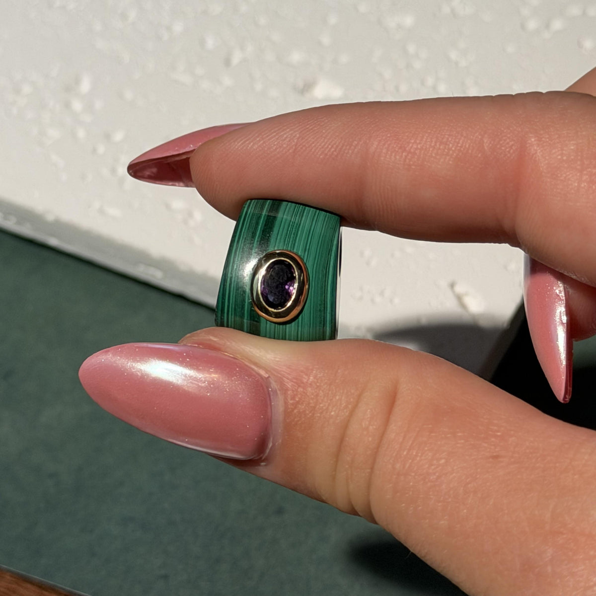 14K Solid Gold Malachite & Purple Amethyst Bezel Set Pendant Charm 17x13mm