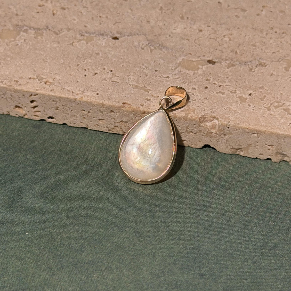 14K Solid Gold Pear Mother of Pearl Pendant, Bezel Set Charm 21x10mm