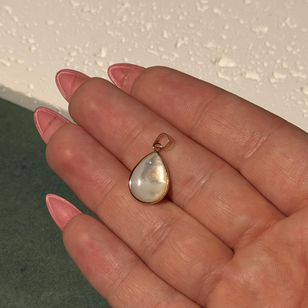 14K Solid Gold Pear Mother of Pearl Pendant, Bezel Set Charm 21x10mm
