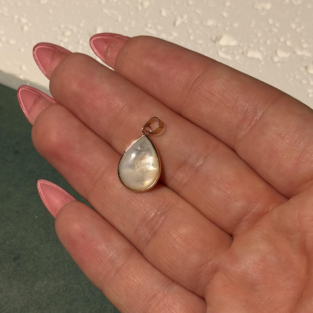 14K Solid Gold Pear Mother of Pearl Pendant, Bezel Set Charm 21x10mm