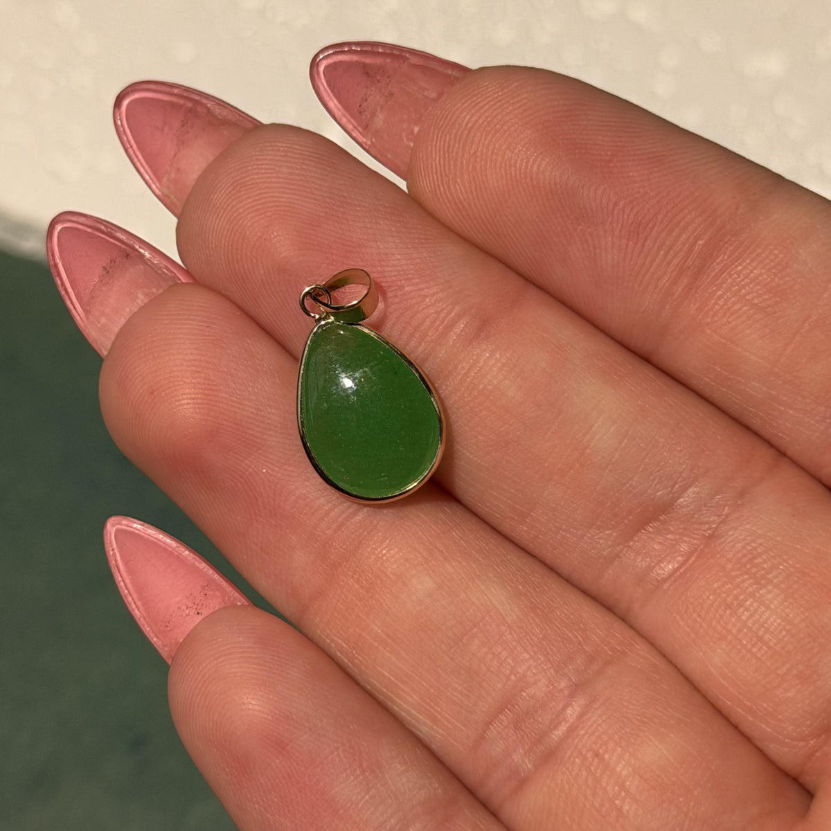 14K Real  Solid Gold Pear Shape Jade Pendant, Bezel Set Charm 21X10MM