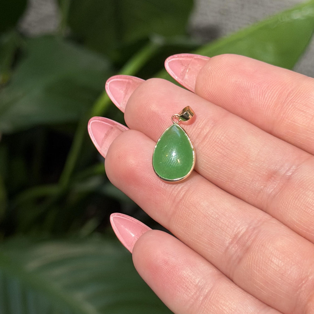 14K Real  Solid Gold Pear Shape Jade Pendant, Bezel Set Charm 21X10MM