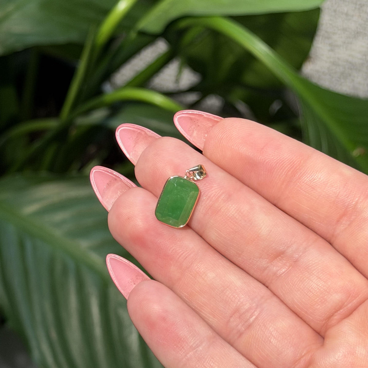 14K Real Solid Gold Rectangular Jade Pendant Charm Bezel Set 19x9mm