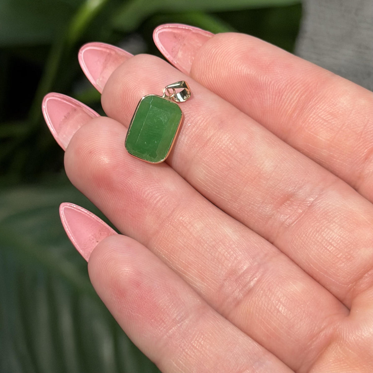 14K Real Solid Gold Rectangular Jade Pendant Charm Bezel Set 19x9mm
