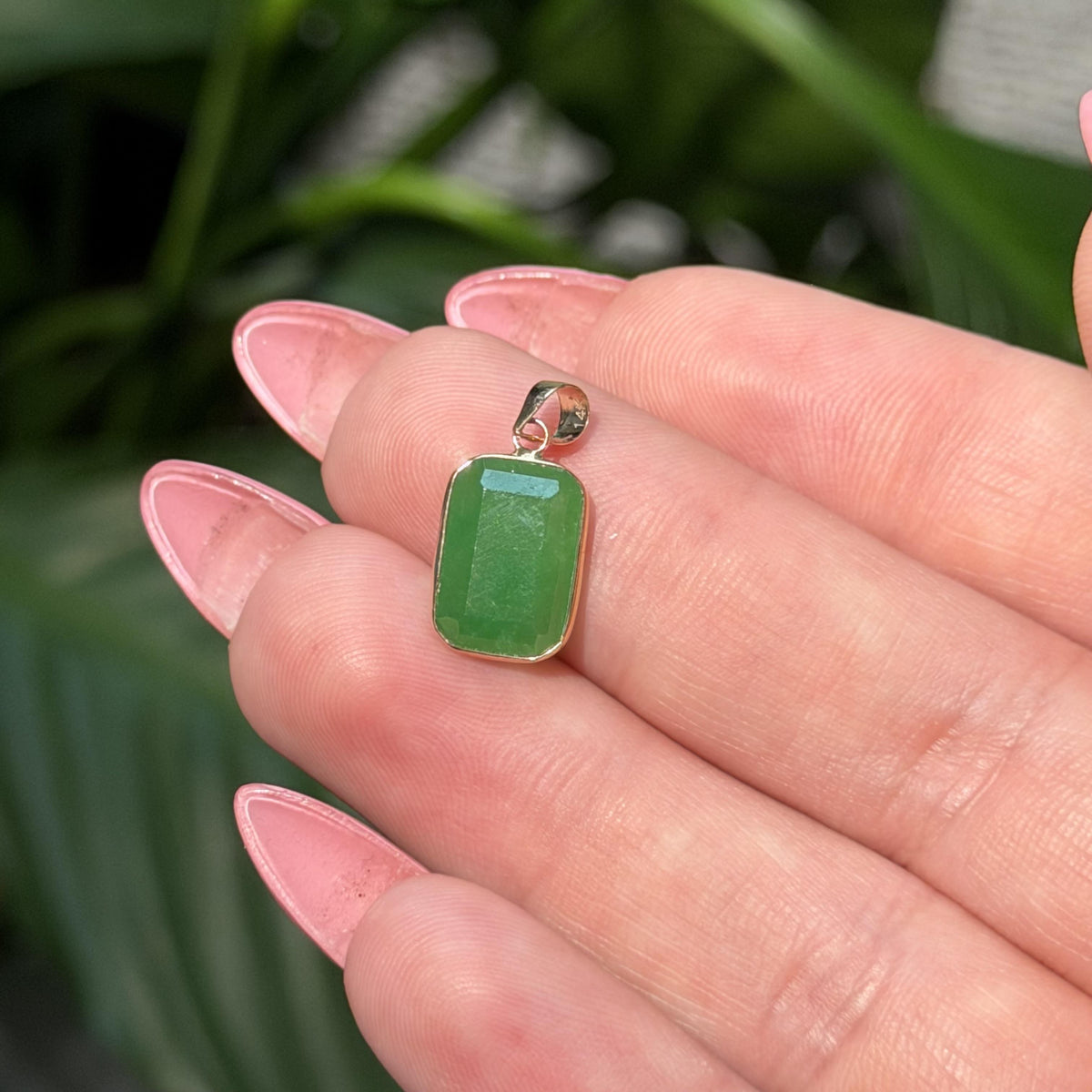 14K Real Solid Gold Rectangular Jade Pendant Charm Bezel Set 19x9mm