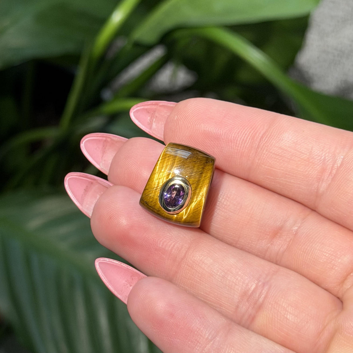 14K Solid Gold Tiger Eye & Amethyst Bezel Set Pendant Charm 17x13mm
