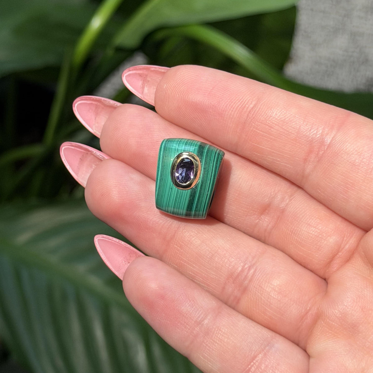 14K Solid Gold Malachite & Purple Amethyst Bezel Set Pendant Charm 17x13mm