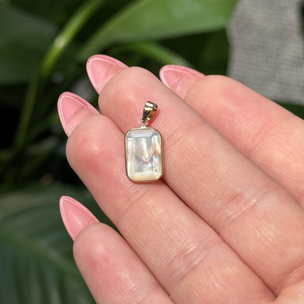 14K Solid Gold Rectangular Mother of Pearl Pendant, Bezel Set Charm, Minimalist