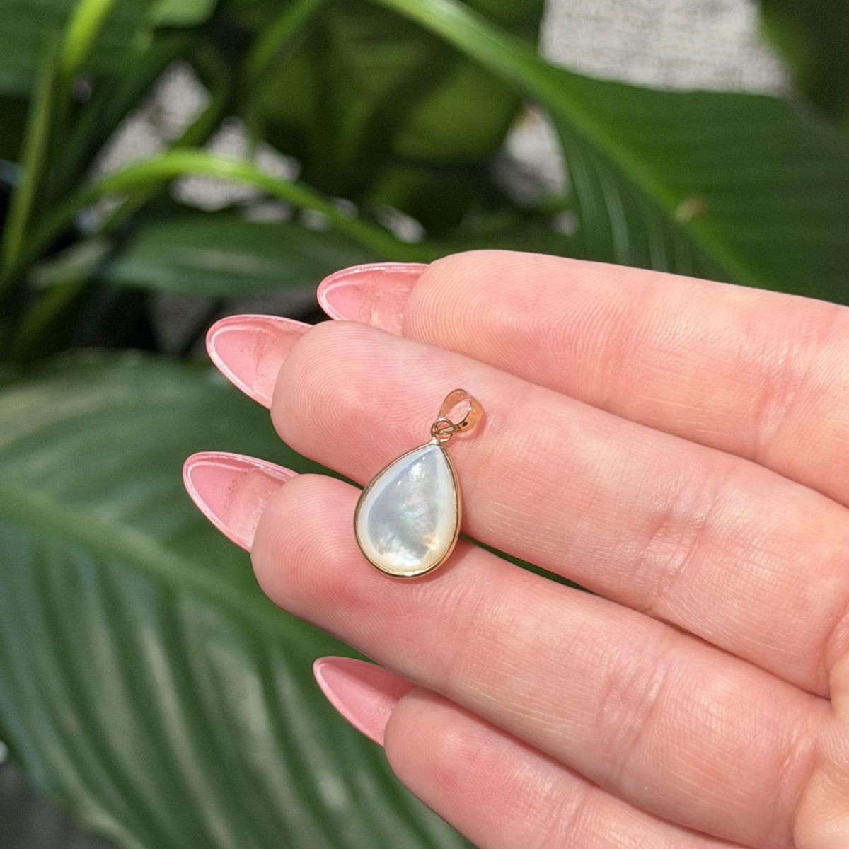 14K Solid Gold Pear Mother of Pearl Pendant, Bezel Set Charm 21x10mm