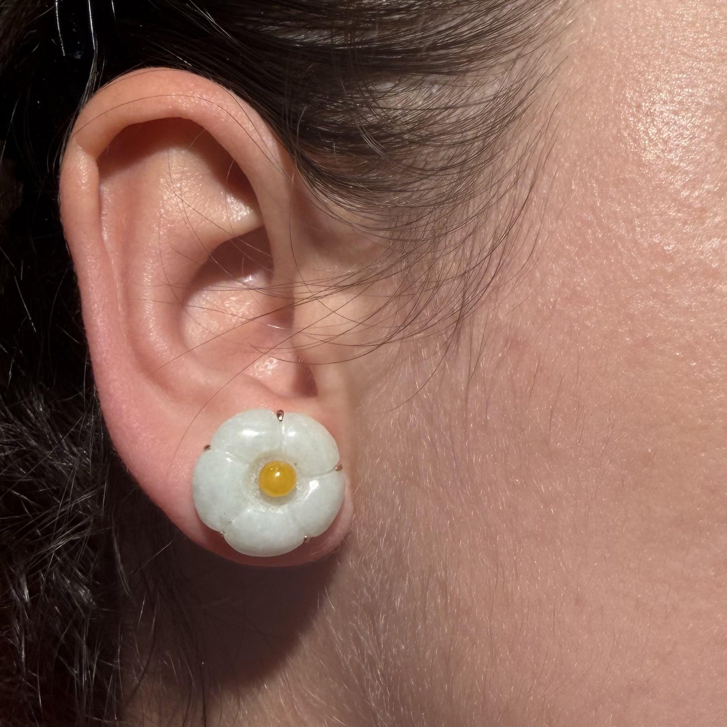 14K Gold Carved  Natural light Green and Yellow Jade Floral Earrings  13.0mm