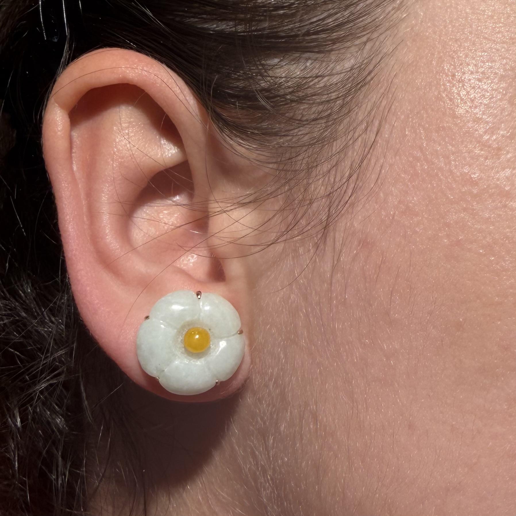 14K Gold Carved  Natural light Green and Yellow Jade Floral Earrings  13.0mm