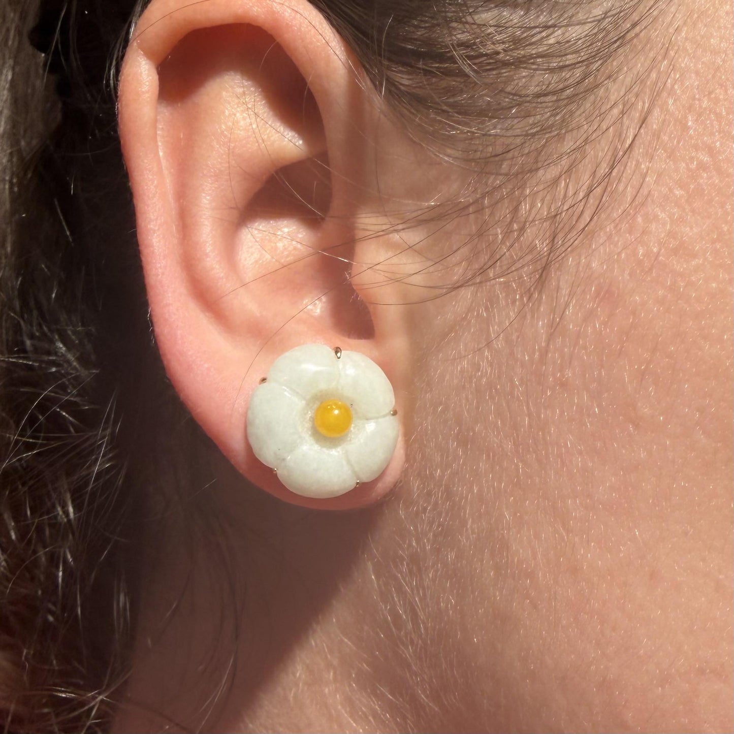 14K Gold Carved  Natural light Green and Yellow Jade Floral Earrings  13.0mm