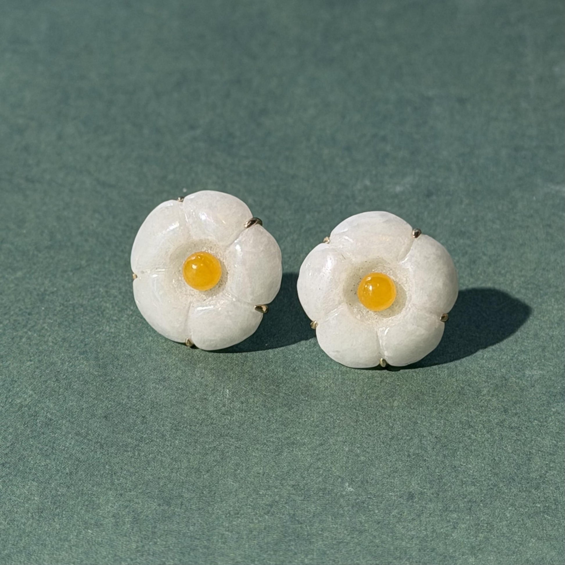 14K Gold Carved  Natural light Green and Yellow Jade Floral Earrings  13.0mm