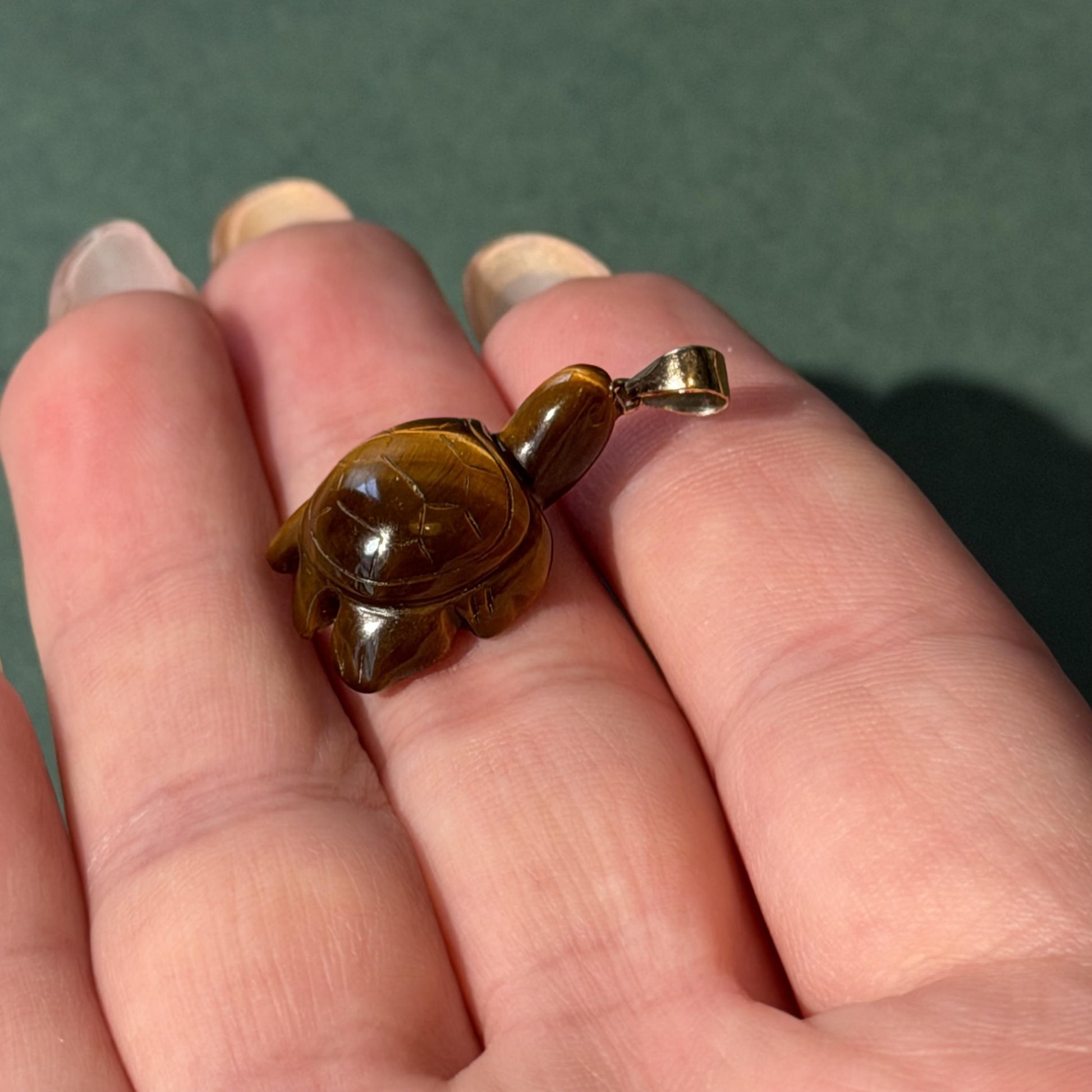 14k Real Gold Turtle Pendant with Tiger's Eye Stone 27mm x 15mm
