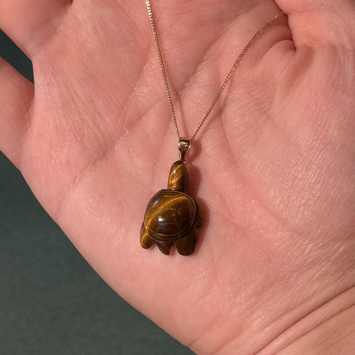 14k Real Gold Turtle Pendant with Tiger's Eye Stone 27mm x 15mm