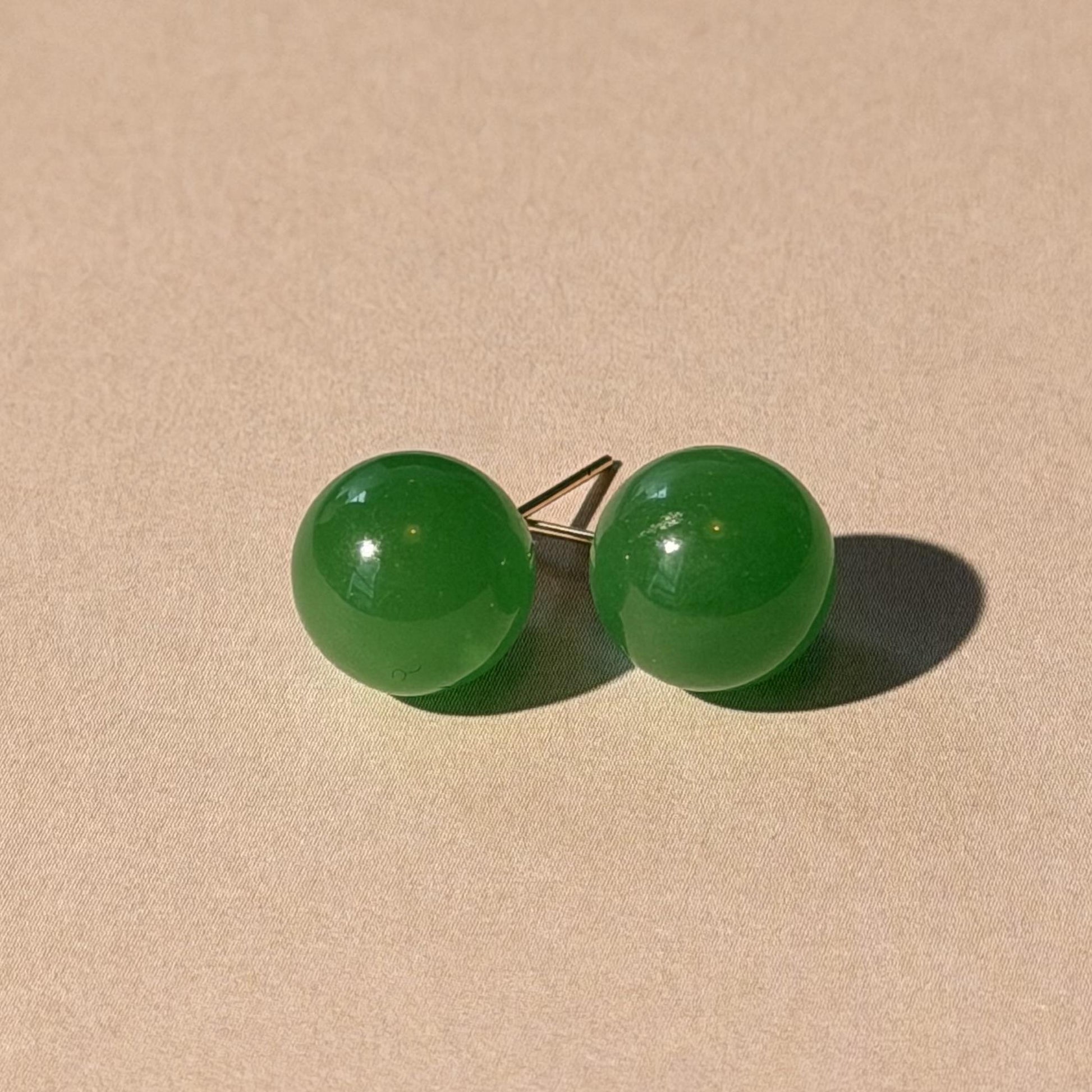 14K Gold 10mm Jade Stud Earrings Push Back Fine Jewelry