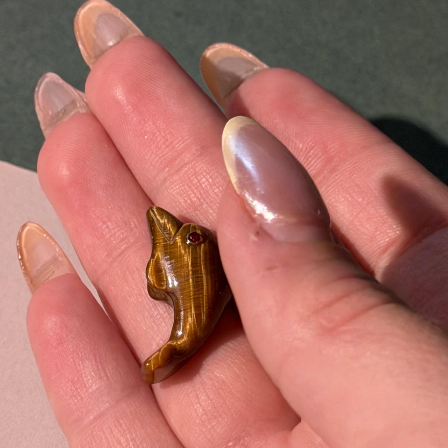 Vintage 14K Real Gold Tiger's Eye Dolphin Pendant Gold Bail with Tourmaline Eye