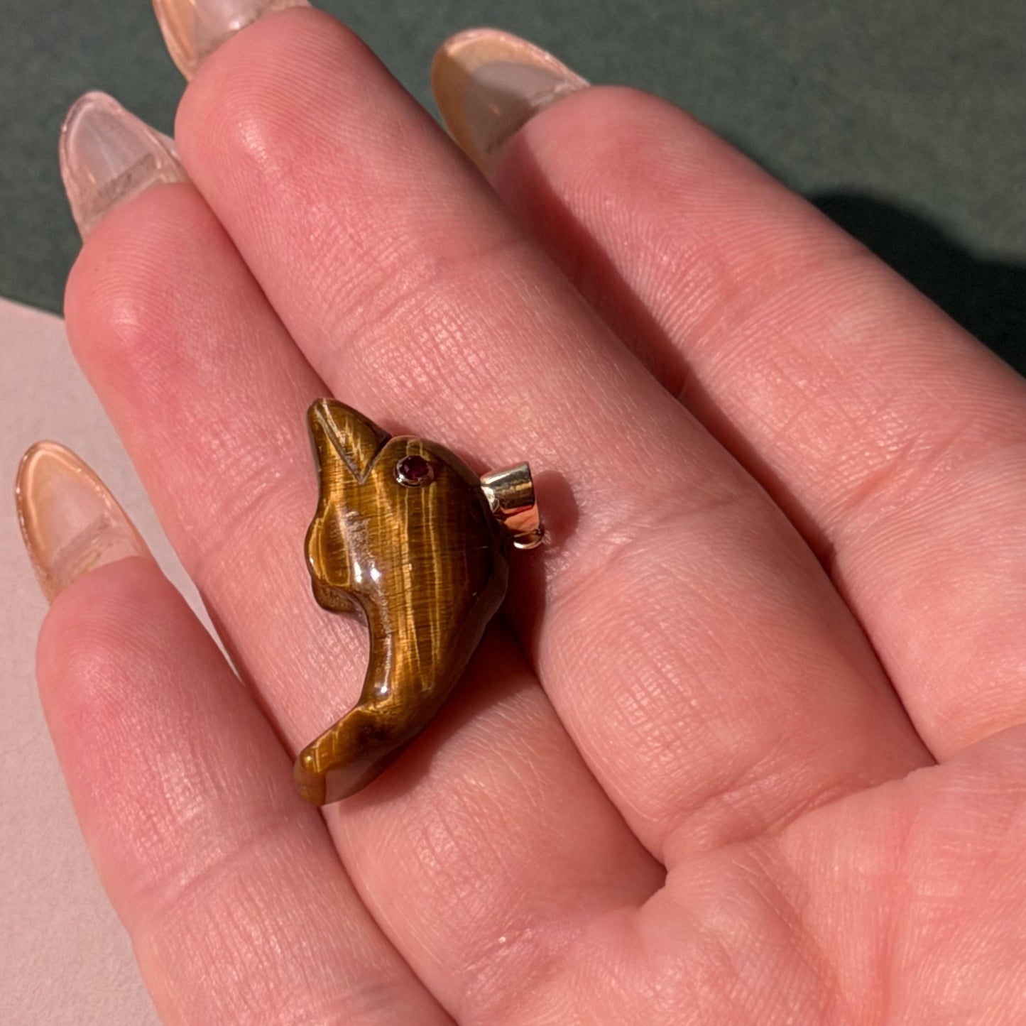 Vintage 14K Real Gold Tiger's Eye Dolphin Pendant Gold Bail with Tourmaline Eye