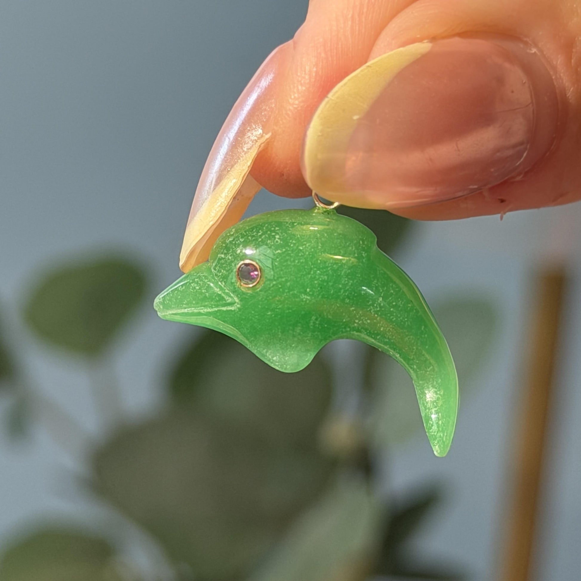 Green Dolphin Pendant | Gold Bail Ruby Eye Charm