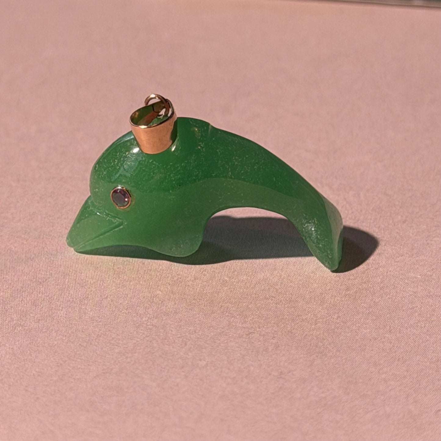 Green Dolphin Pendant | Gold Bail Ruby Eye Charm
