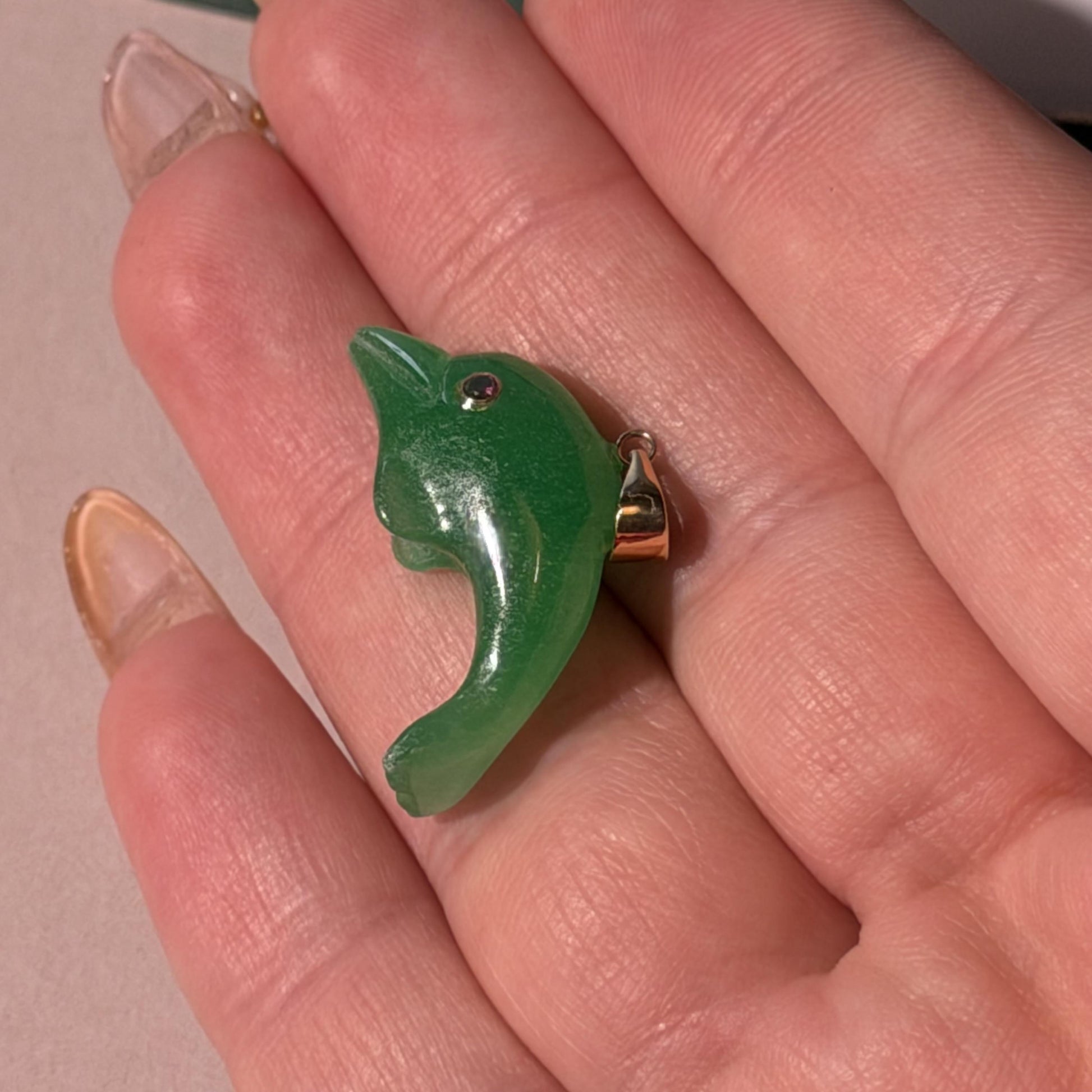 Green Dolphin Pendant | Gold Bail Ruby Eye Charm
