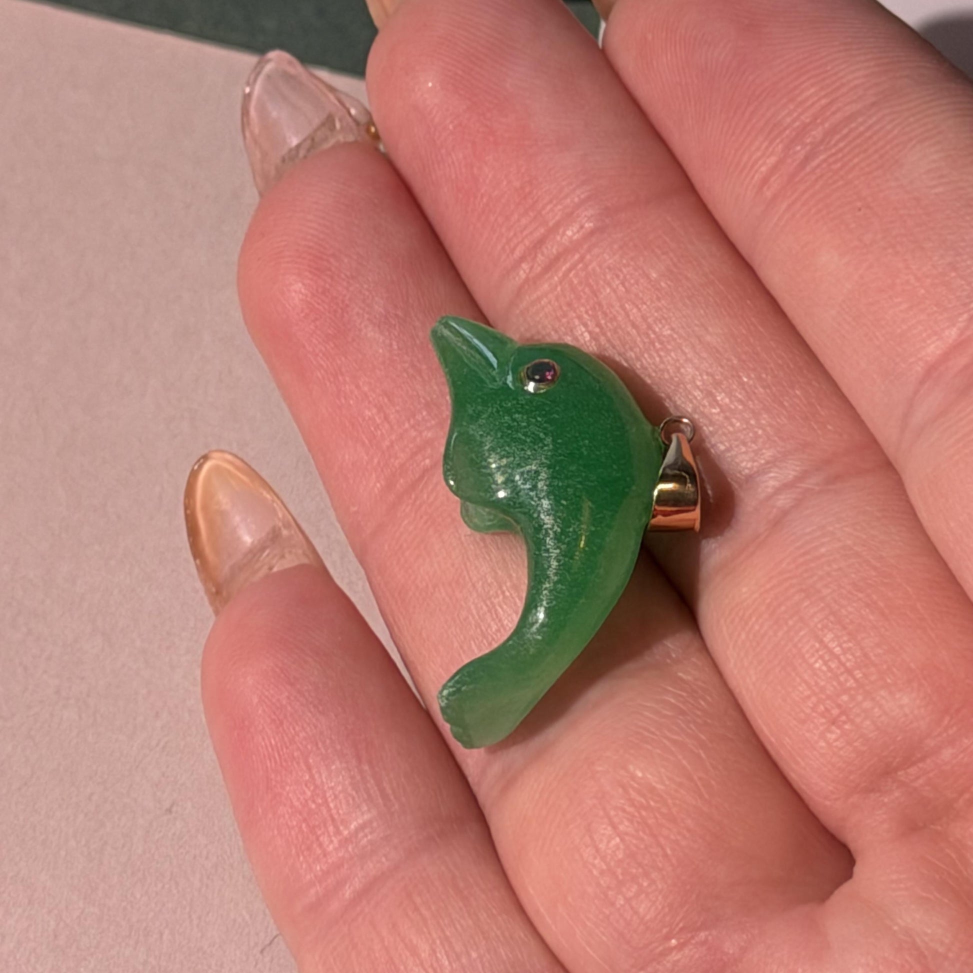 Green Dolphin Pendant | Gold Bail Ruby Eye Charm