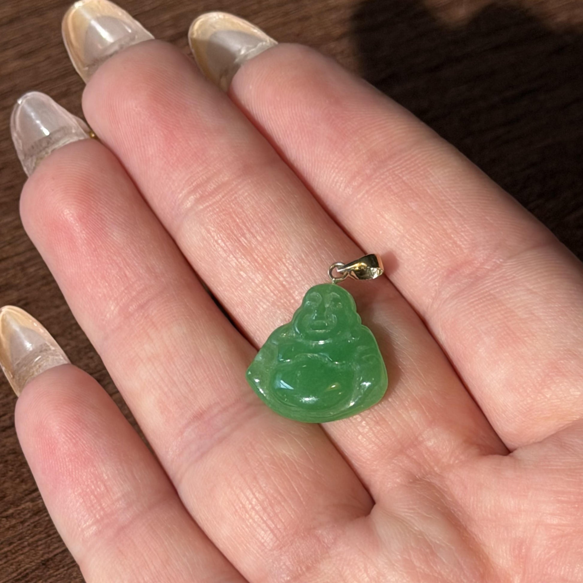 14K Real  Gold Jade Happy Buddha Pendant t Green 25mm x 17mm