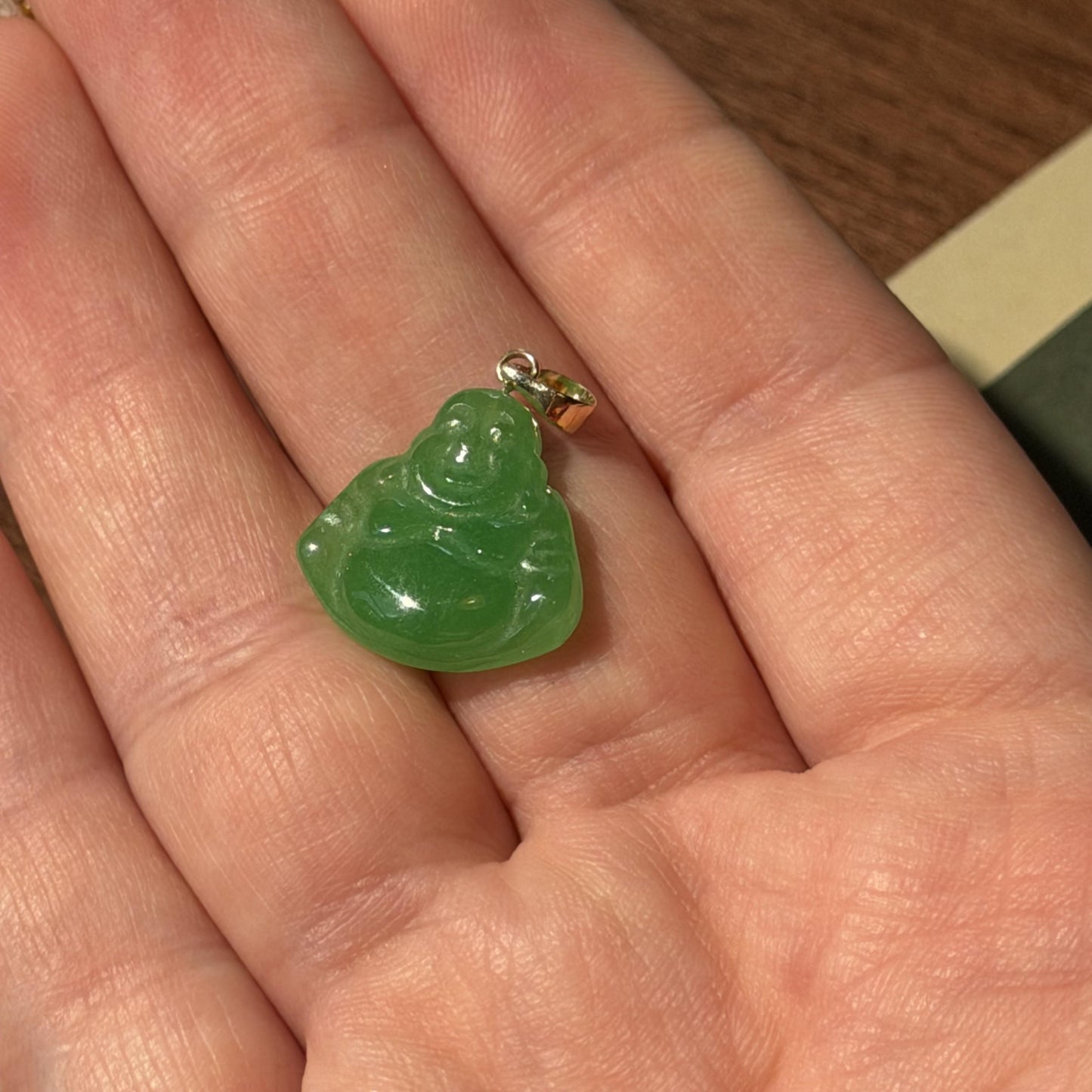 14K Real  Gold Jade Happy Buddha Pendant t Green 25mm x 17mm