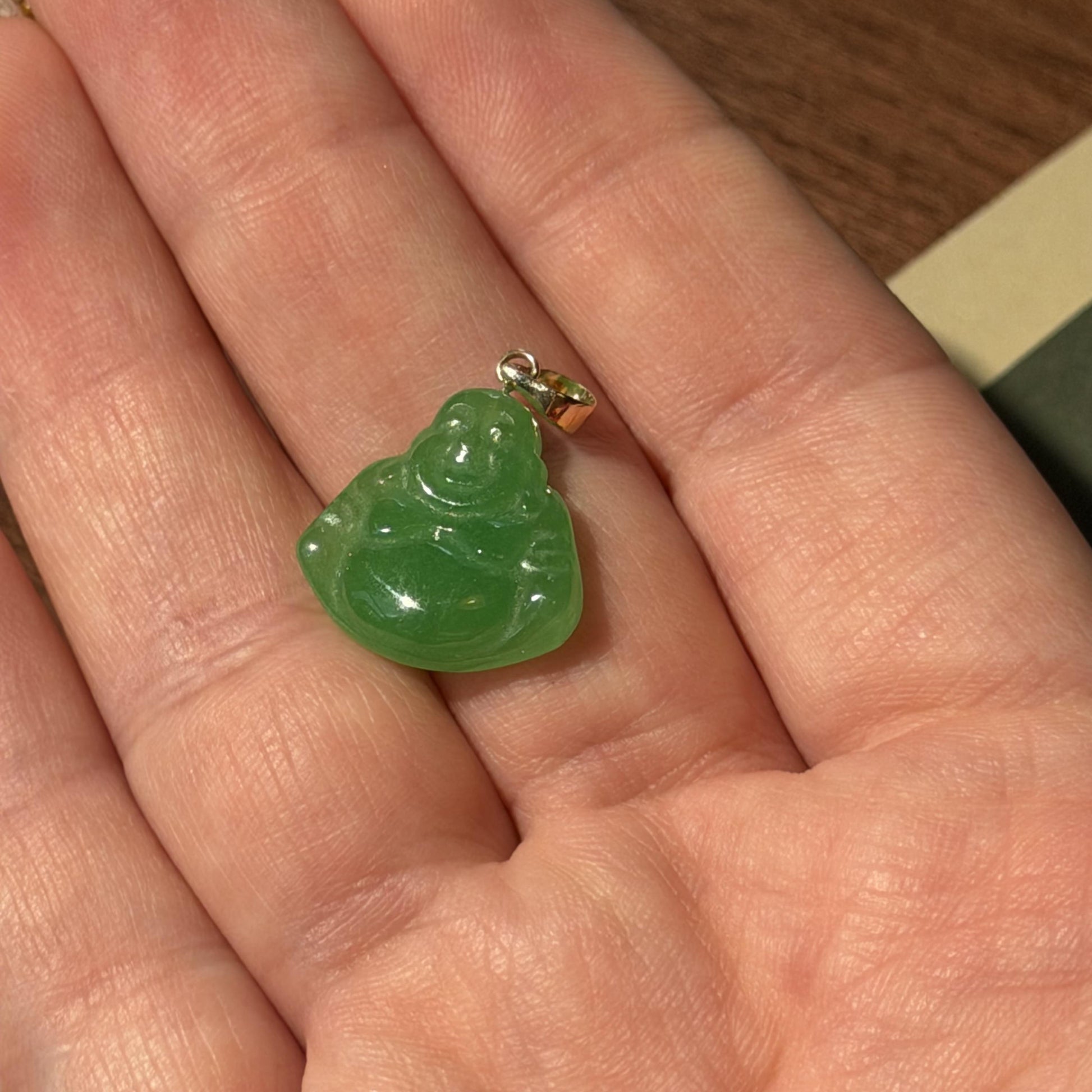 14K Real  Gold Jade Happy Buddha Pendant t Green 25mm x 17mm