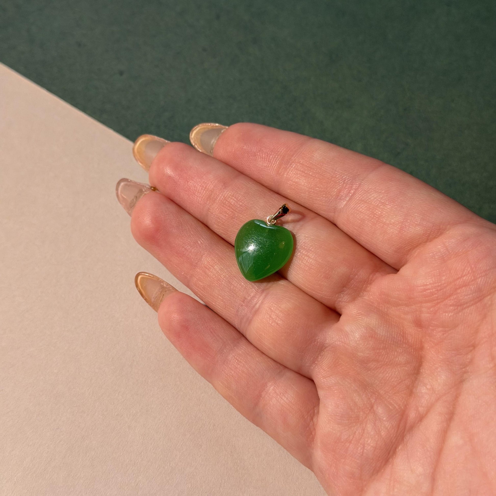 14K Real Gold Heart Pendant with Green Jade Stone 20mm x 15mm