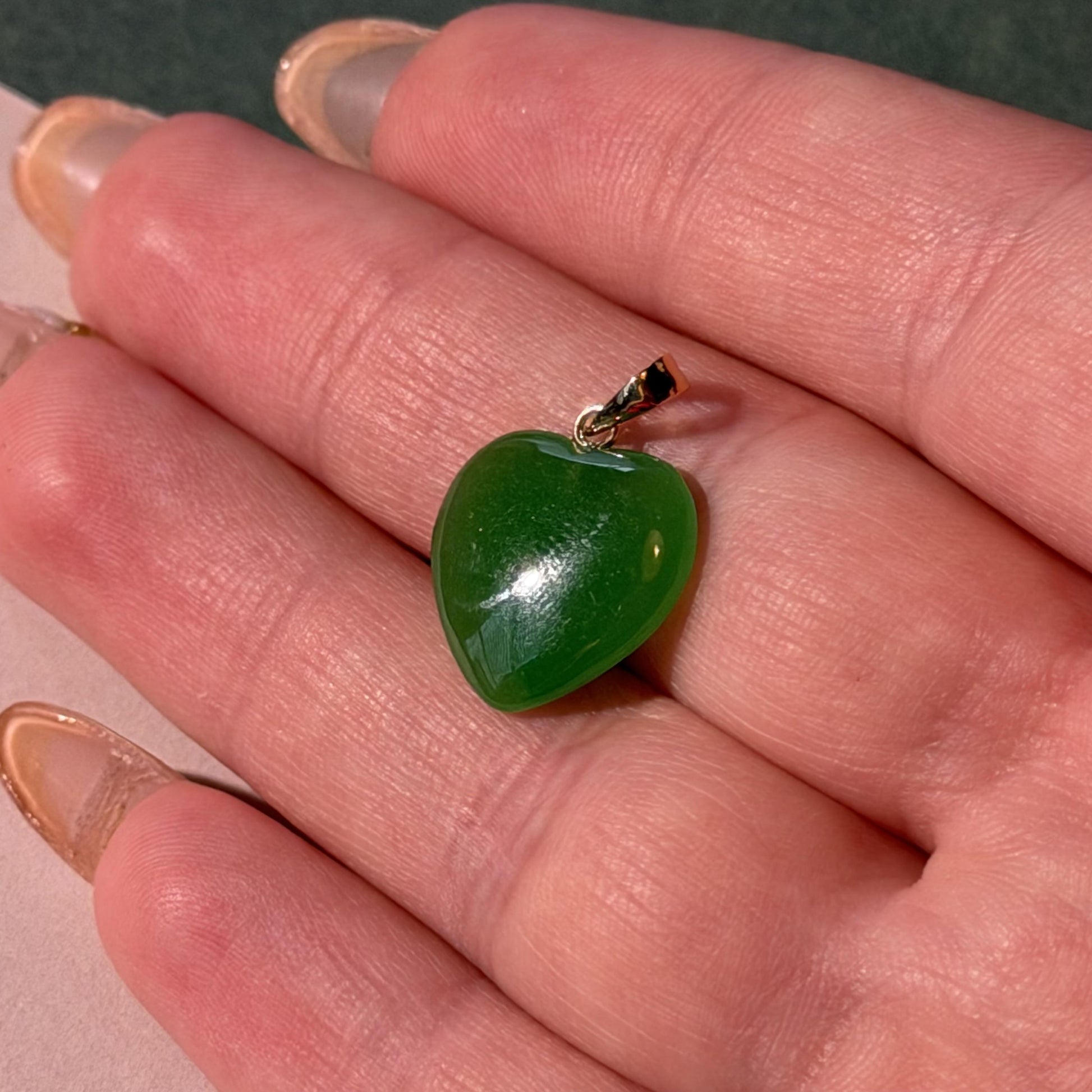 14K Real Gold Heart Pendant with Green Jade Stone 20mm x 15mm