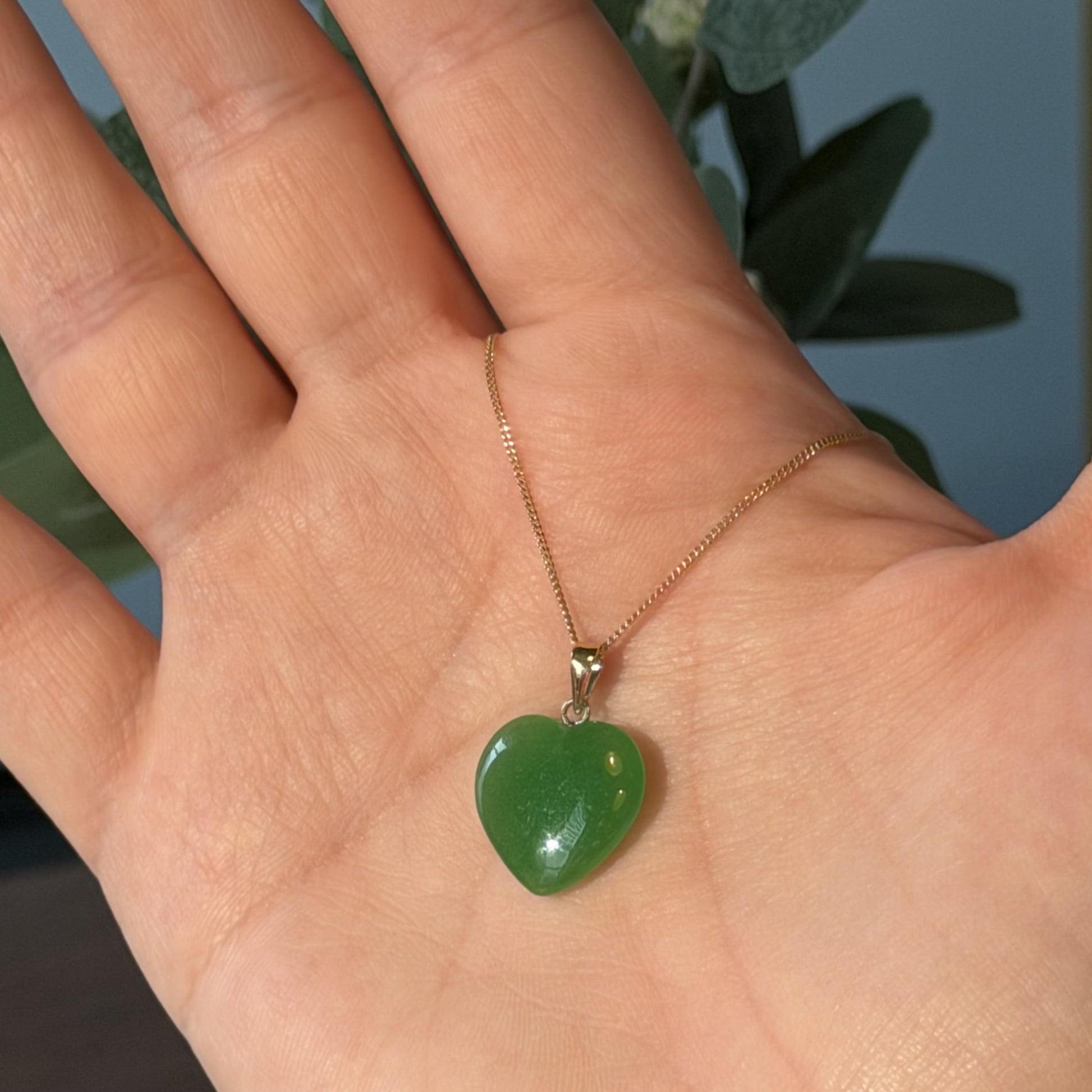14K Real Gold Heart Pendant with Green Jade Stone 20mm x 15mm