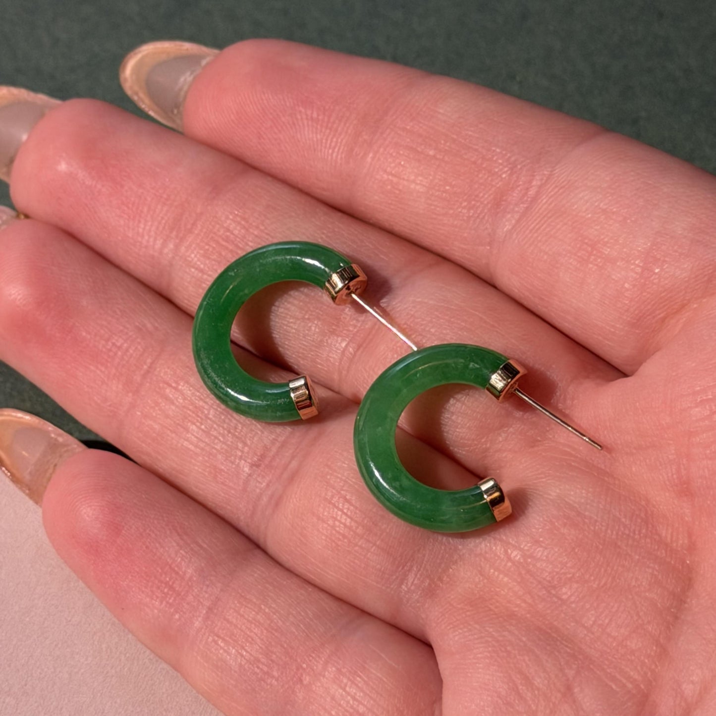 14K Real Gold Green Jade Hoop Earrings Stud Fine Jewelry 18mm