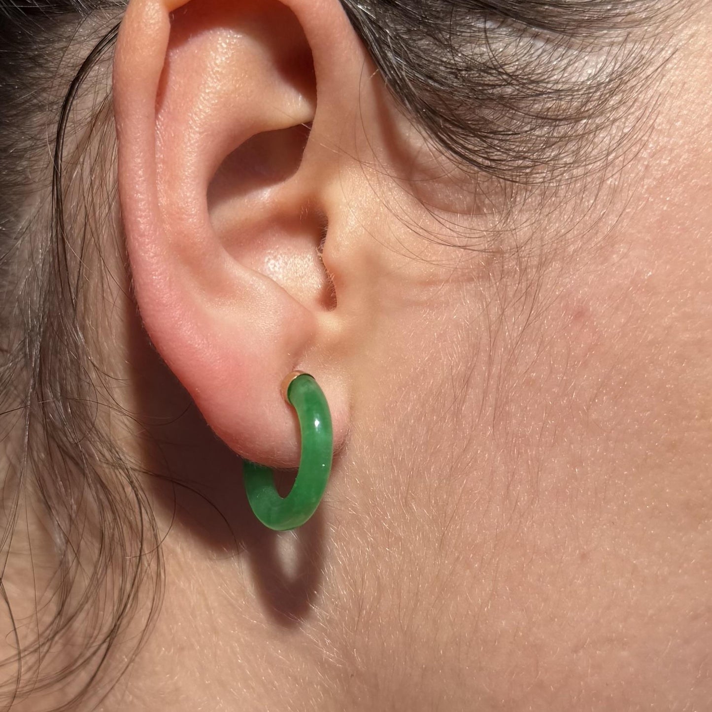 14K Real Gold Green Jade Hoop Earrings Stud Fine Jewelry 18mm