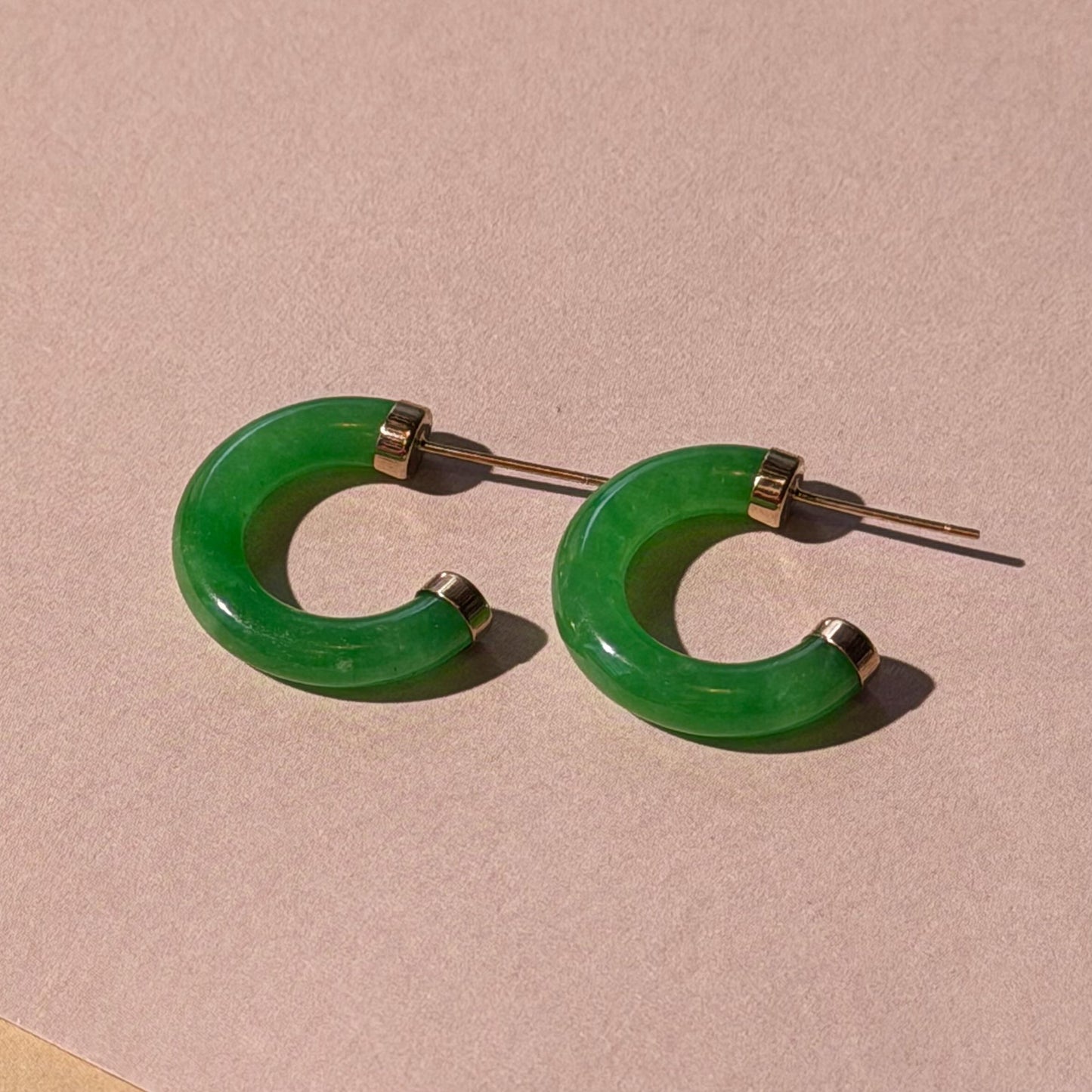 14K Real Gold Green Jade Hoop Earrings Stud Fine Jewelry 18mm
