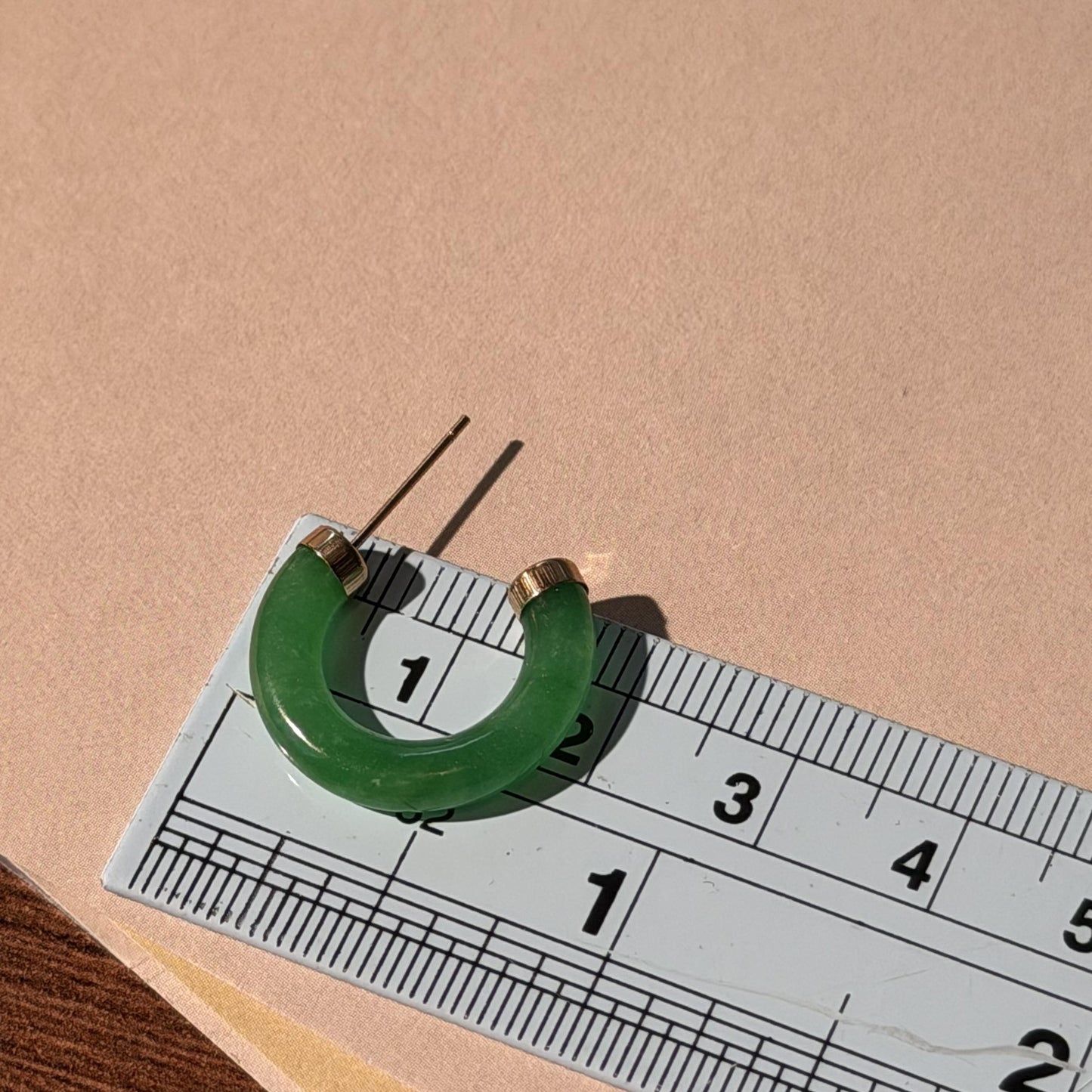 14K Real Gold Green Jade Hoop Earrings Stud Fine Jewelry 18mm
