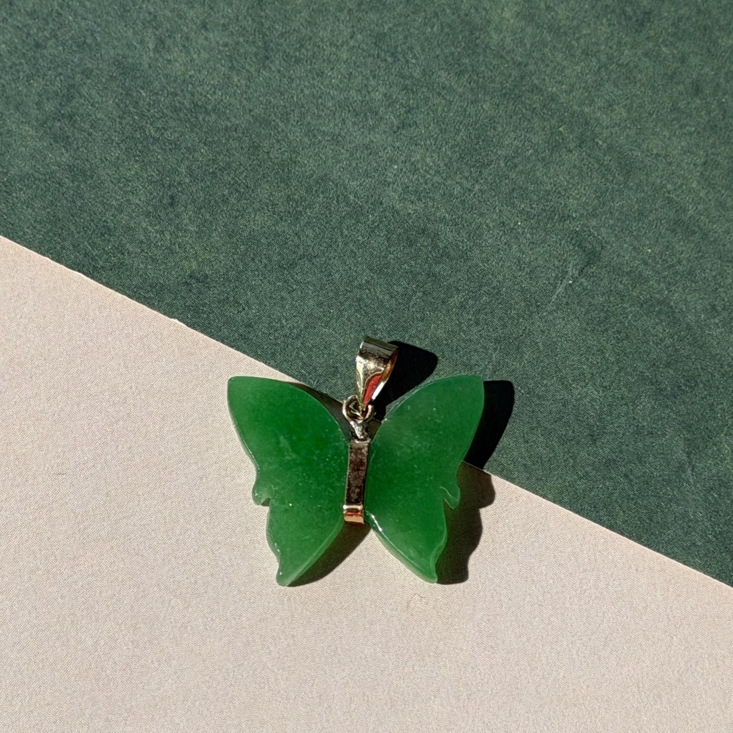 Charming 14K Real Gold Green Jade Butterfly Pendant 20mm including Bail