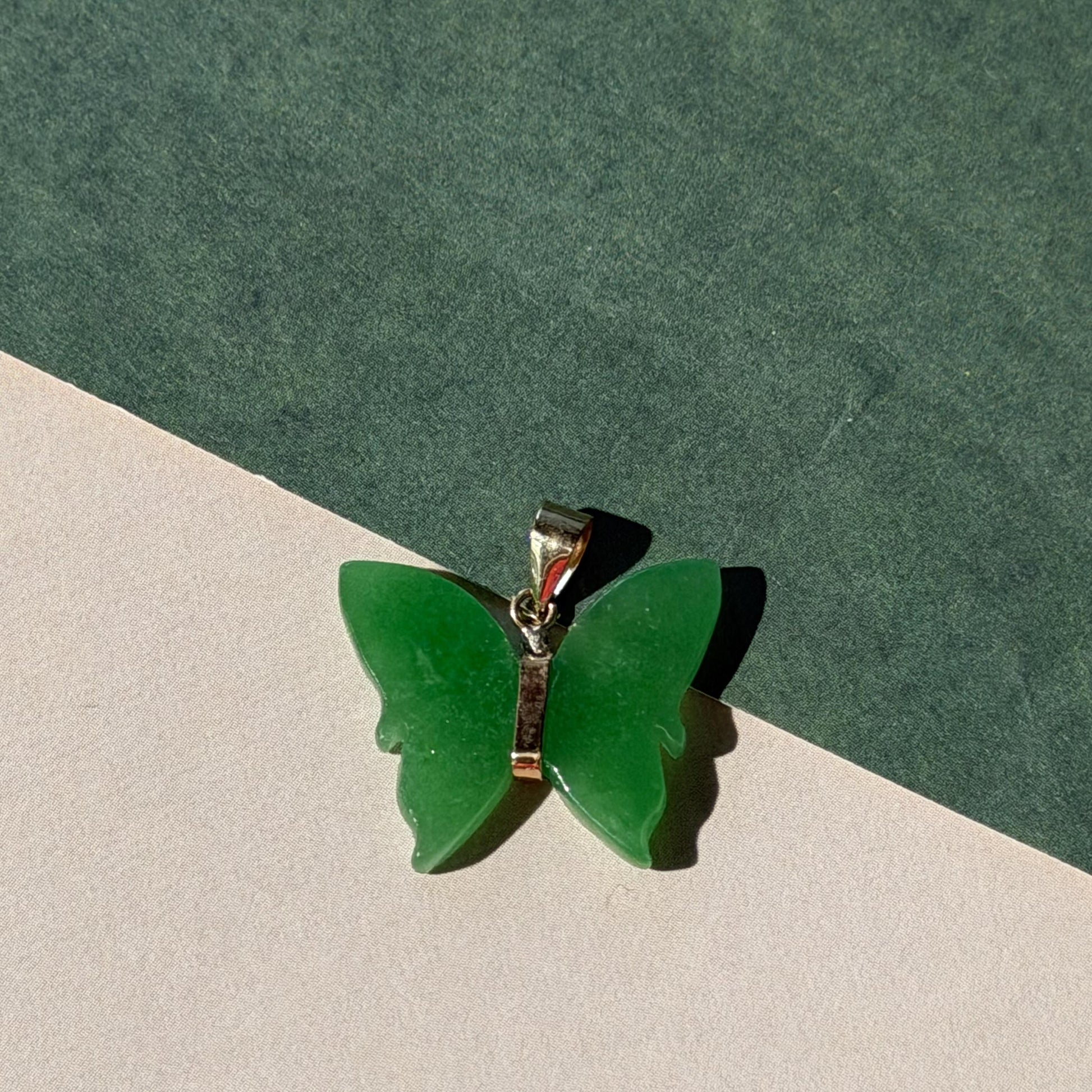 Charming 14K Real Gold Green Jade Butterfly Pendant 20mm including Bail