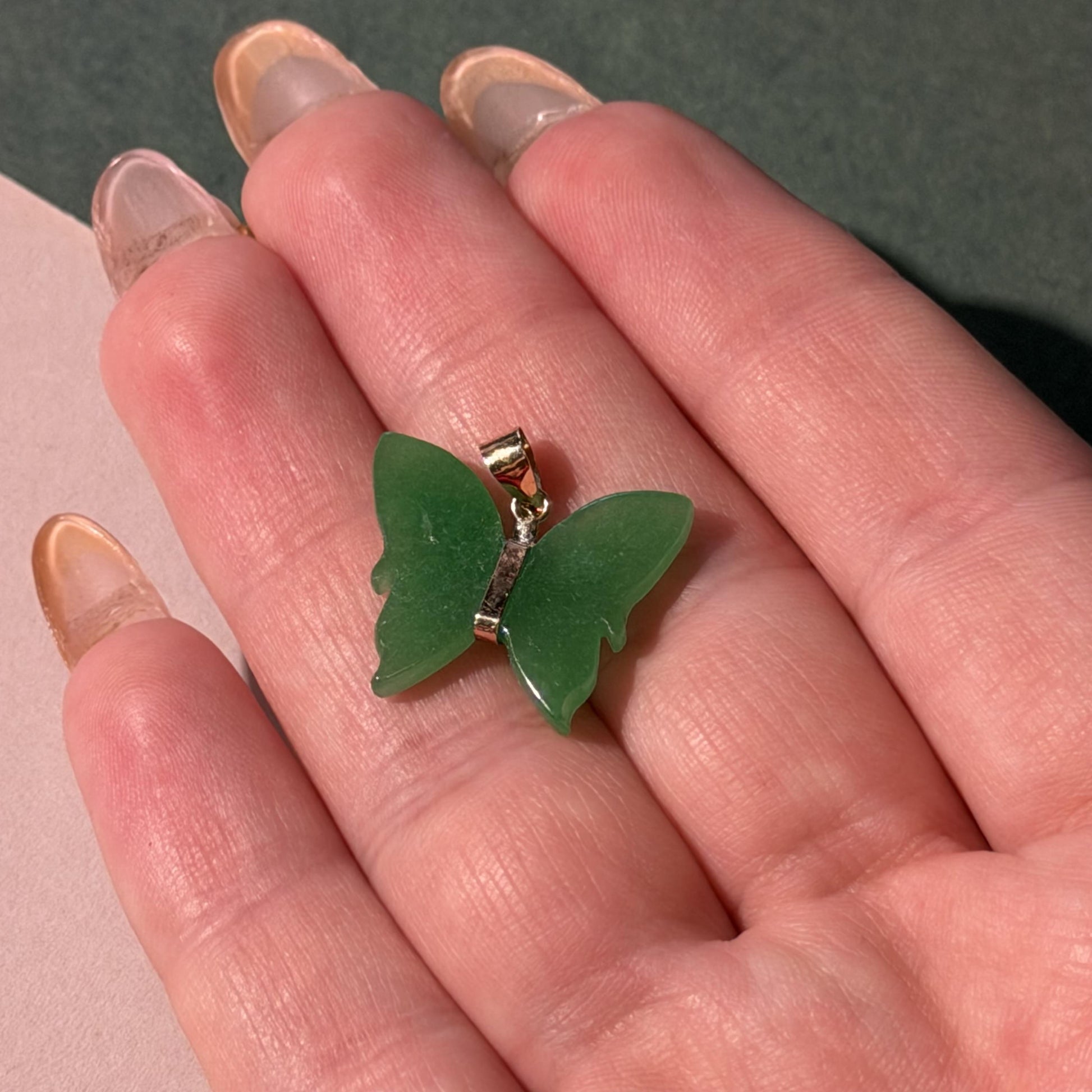 Charming 14K Real Gold Green Jade Butterfly Pendant 20mm including Bail