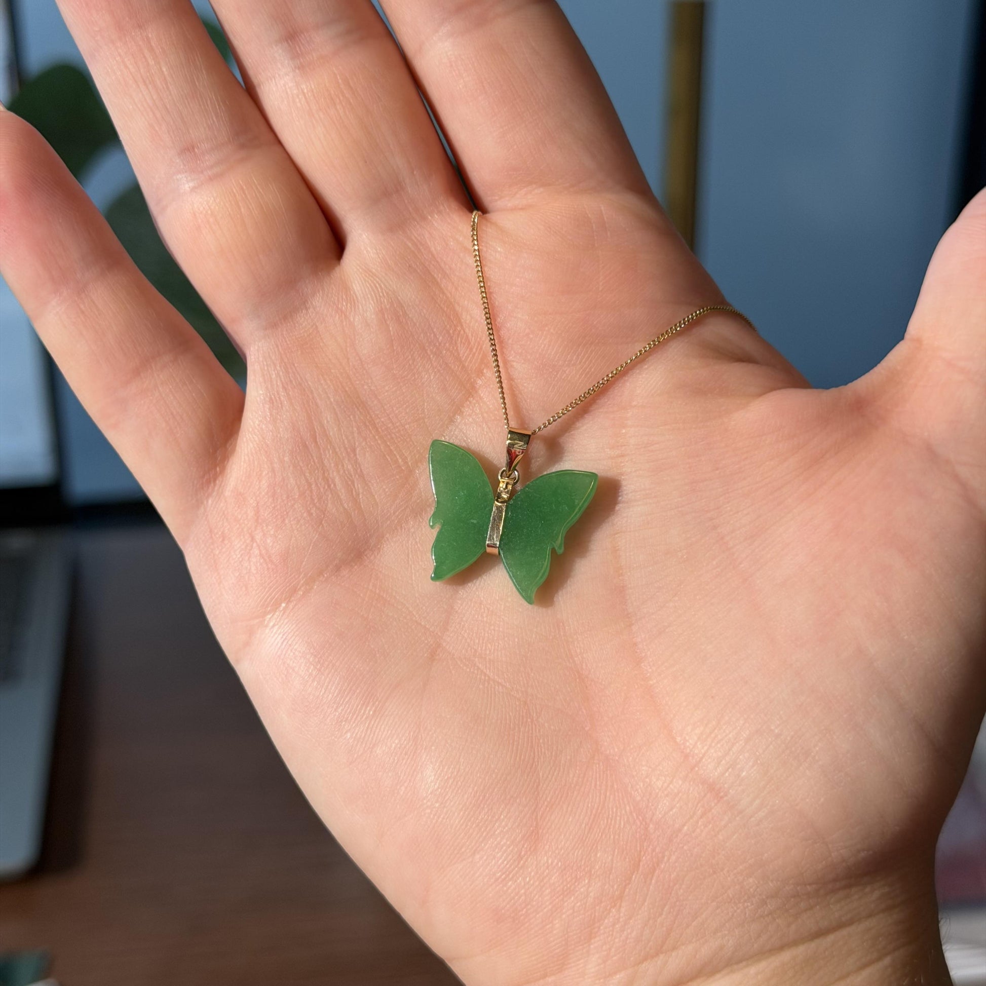 Charming 14K Real Gold Green Jade Butterfly Pendant 20mm including Bail