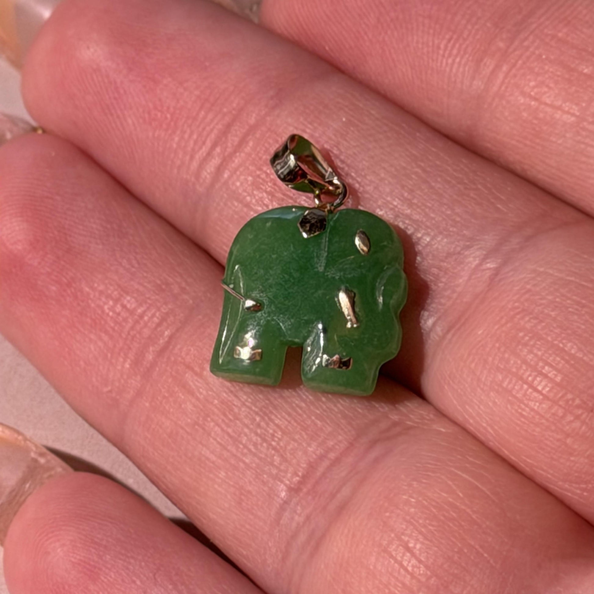Charming 14K Real Gold Jade Elephant Pendant Necklace 18mm