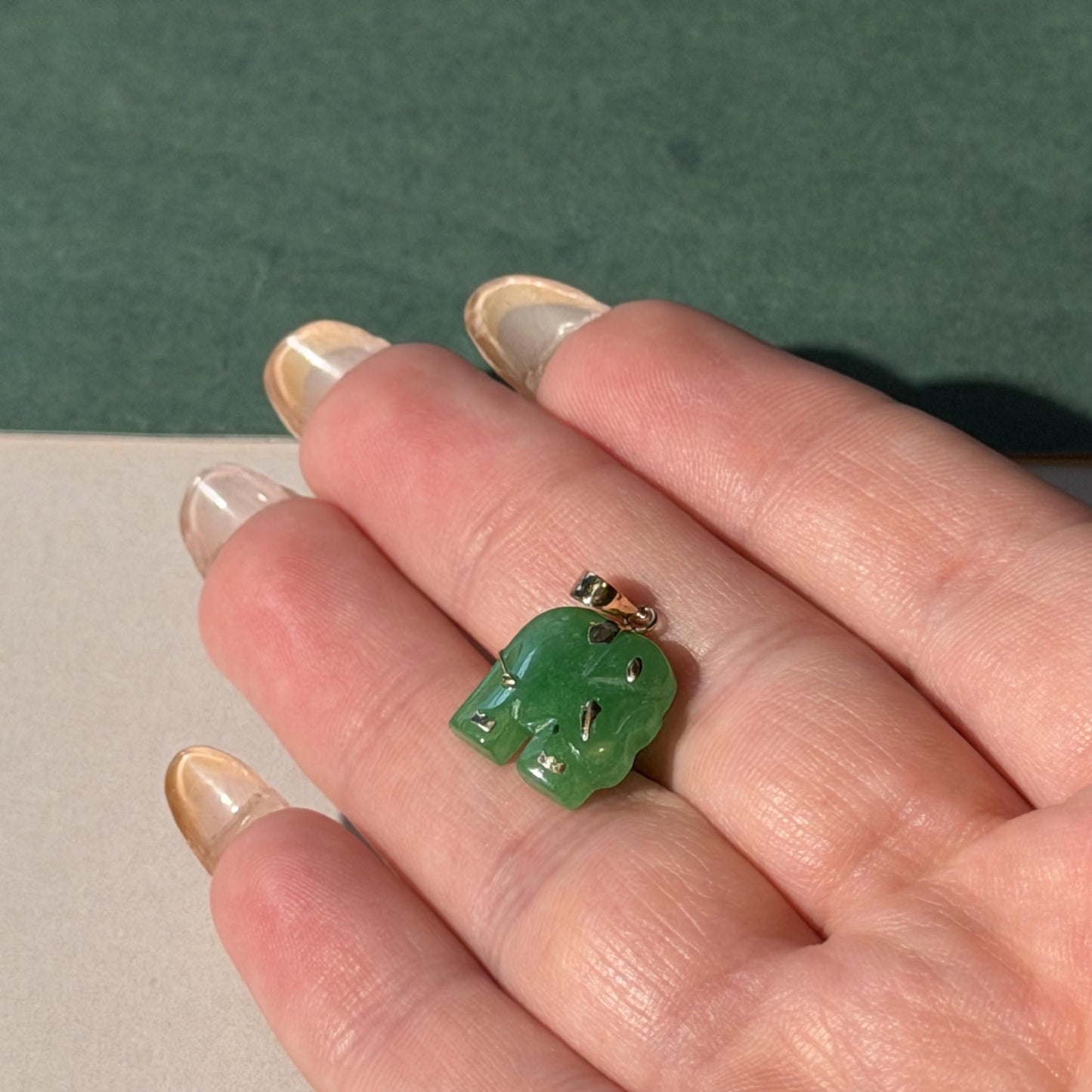 Charming 14K Real Gold Jade Elephant Pendant Necklace 18mm